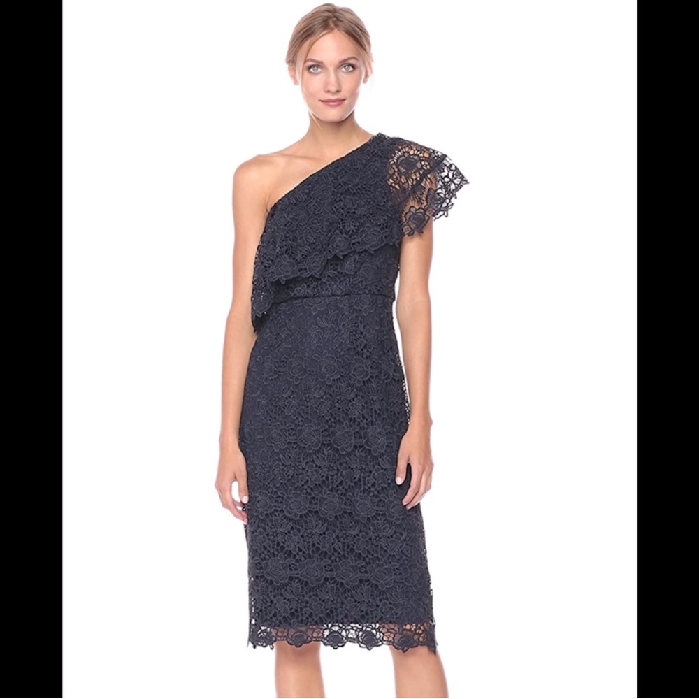 Nanette Lenore Navy One Shoulder Lace Sheath Cocktail Wedding Party Dress 16